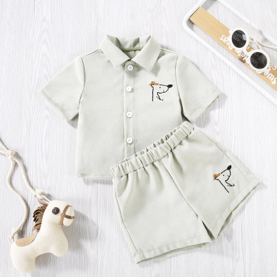 Conjunto de camisa e shorts de manga curta com bordado animal para bebê primavera e verão