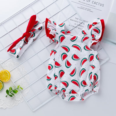 Baby Girl Watermelon Pattern Ruffle-sleeve Bodysuit & Headband