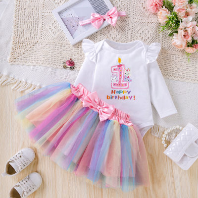 Baby long-sleeved birthday print romper crawling clothes mesh tulle skirt headwear set
