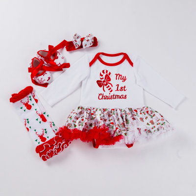 4-piece Baby Girl Christmas Letter Printed Floral Patchwork Long Sleeve Tutu Dress & Bownot Decor Shoes & Deer Pattern Leg Warmer & Headwrap
