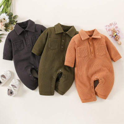 Baby Boy Solid Color Waffle Pattern Polo Collar Pocket Front Long-sleeved Long-leg Romper