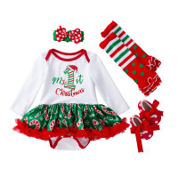4-piece Baby Girl Christmas Letter Printed Floral Patchwork Long Sleeve Tutu Dress & Bownot Decor Shoes & Striped Polka Dotted Leg Warmer & Headwrap  Red