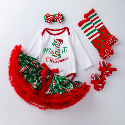 5-piece Baby Girl Christmas Long Sleeve Romper Skirt Suit