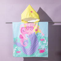 Printed Hooded Bath Towel Children's Beach Towel Water-Absorbent Quick-Drying Cape Cloak  Yellow