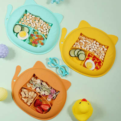 Baby plate Baby tableware silicone cup type split cartoon learn to eat training spoon set