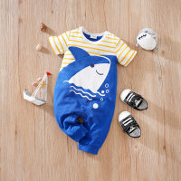 Onesie pour bébé à manches courtes en coton avec requin de dessin animé d'été  Bleu profond