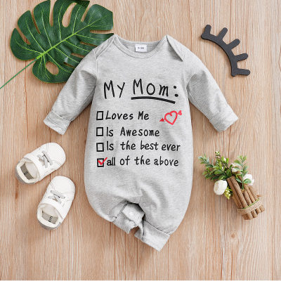 Baby Solid Color "Mom loves Me" Letter Printed Long-sleeved Long-leg Jumpsuit