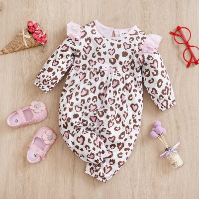 Body per neonato con stampa leopardata in cotone a maniche lunghe primaverili e autunnali
