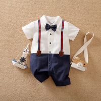 Baby Boy 2 Pieces Preppy Style Color-block Short Sleeve Boxer Romper & Bow  White