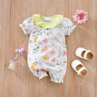 Summer carnation all over printed puff sleeve baby onesie  Light Green