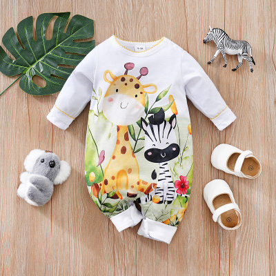 Macacão de manga comprida para bebê com padrão de girafa e zebra de desenho animado