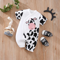 Summer cute cow cotton short-sleeved baby jumpsuit  White