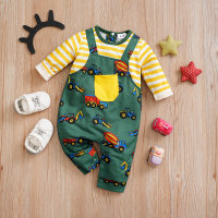 Baby Boy Color-block Cute Car Stripes Pattern Long-sleeved Long-leg Jumpsuit  Deep Green