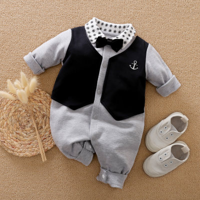 Baby Boy Gentleman Style Bowknot Decor Polo Jumpsuit