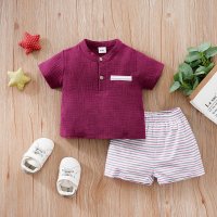 Conjunto de dos piezas de camiseta de manga corta y pantalones cortos de algodón de verano para bebé  Multicolor