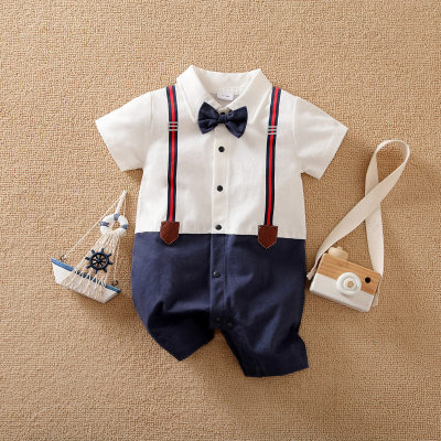 Baby Boy 2 Pieces Preppy Style Color-block Short Sleeve Boxer Romper & Bow