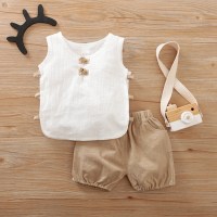 Baby Solid Color Cotton And Linen Vest & Shorts  Khaki
