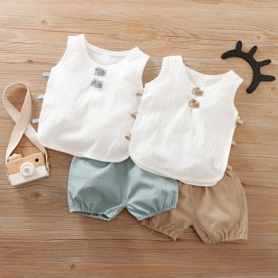 Baby Solid Color Cotton And Linen Vest & Shorts