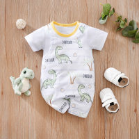 Summer dinosaur print short-sleeved baby onesie  White