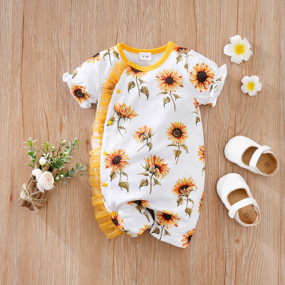 Summer sunflower all over printed puff sleeve baby onesie