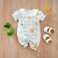 Summer bubble plaid all-over printed puff sleeve baby onesie  Light Green