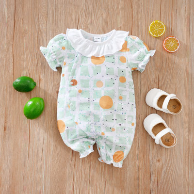 Summer bubble plaid all-over printed puff sleeve baby onesie