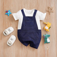 Summer denim overalls short-sleeved baby jumpsuit  Navy Blue