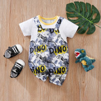 Summer sling dinosaur all-over printed short-sleeved baby onesie  Gray