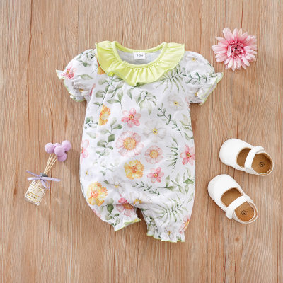 Summer Carnation Print Puff Sleeve Baby Bodysuit