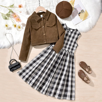 3-piece Kid Girl Solid Color Button-up Jacket & Plaid Sleeveless Dress & Beret