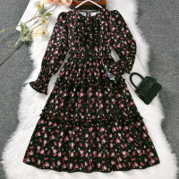 فستان طويل الأكمام مطبوع عليه زهور للفتيات الصغيرات  أسود