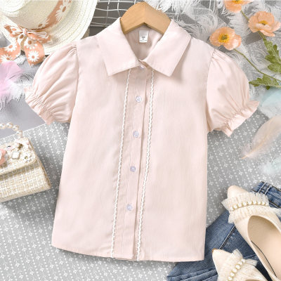 Kid Girl Solid Color Short Puff Sleeve Shirt