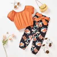 Toddler Girls Slash Neck Floral Solid Top & Pants  Orange