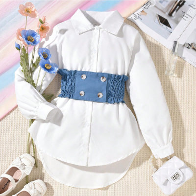 2-piece Kid Girl Solid Color Long Sleeve Shirt & Button Front Waist Band