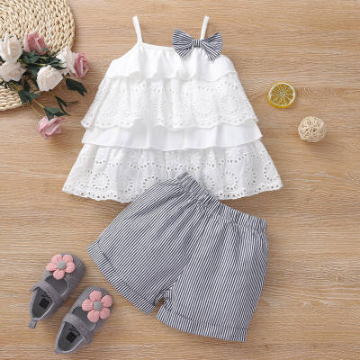 Baby Girl 2 Pieces Solid Lace Bow Decor Top & Stripes Shorts