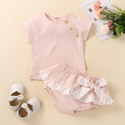 Baby Girl Solid Color T-shirt & Ruffle Bow-knot Shorts