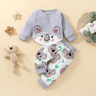 2-piece Baby Color-block Koala Pattern Long-sleeve Sweater & Pants