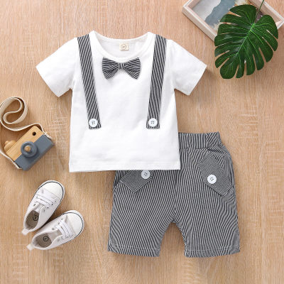 Baby Boy Solid Color Gentleman Bow-knot T-Shirt & Stripes Shorts