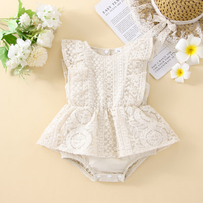 Baby Girl Solid Color Lace Floral Pattern Ruffle-sleeve Bodysuit