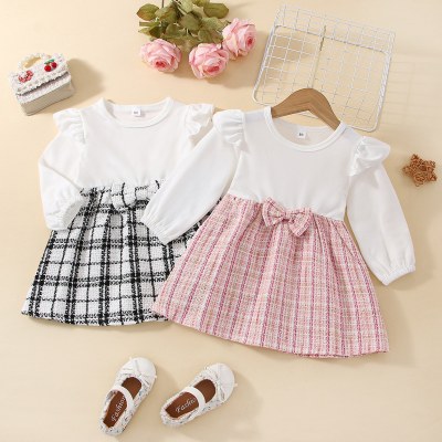 Baby Girl Color-block Plaid Bow-knot Decor Long Sleeve Dress