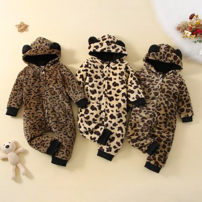 Baby Leopard Print Fleece-lined Hooded Plush Jumpsuit
