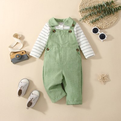 2-piece Baby Boy Striped Lapel Patchwork Long Sleeve Top & Solid Color Button Front Dungarees