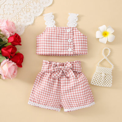 Baby Girl Plaid Pattern Lace Suspender Top & Waistband Shorts