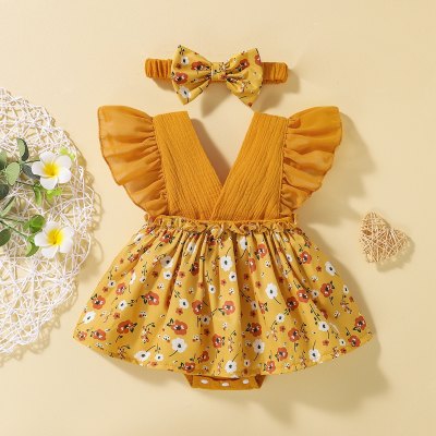 فستان بدون أكمام بنمط أزهار مكون من قطعتين من Baby Girl وعقال