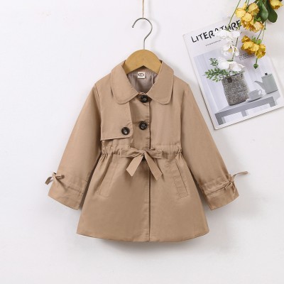 Toddler Girl Solid Color Polo Collar Bowknot Decor Button Front Trench Coat