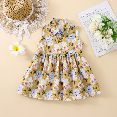 Baby Girl Floral Pattern Shirt-collar Sleeveless Dress