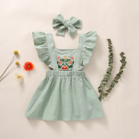 Baby Girl Solid Color Embroidery Floral Pattern Square Neck Ruffle-sleeve Dress & Headband - Hibobi