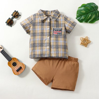 2-piece Baby Boy Plaid Short Sleeve Shirt & Solid Color Shorts