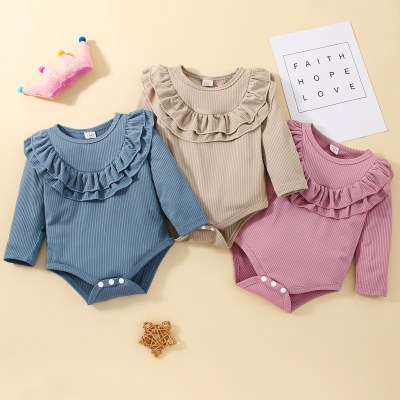Baby Girl Solid Color Ruffle Patchwork Long Sleeve Romper