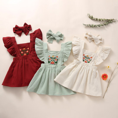 Baby Girl Solid Color Embroidery Floral Pattern Square Neck Ruffle-sleeve Dress & Headband